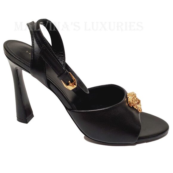 VERSACE SHOES BLACK LEATHER w MEDUSA HIGH HEEL SANDALS 38 / US 8 - Picture 4 of 12